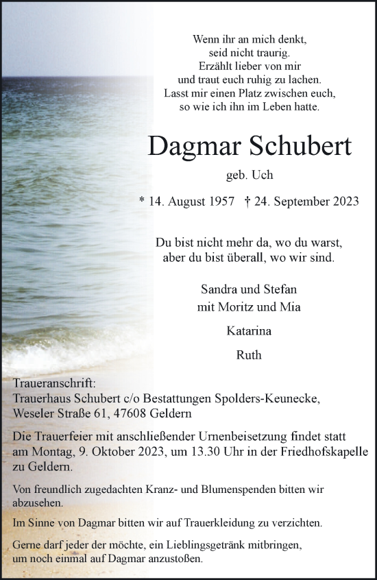 Traueranzeige von Dagmar Schubert von NNA
