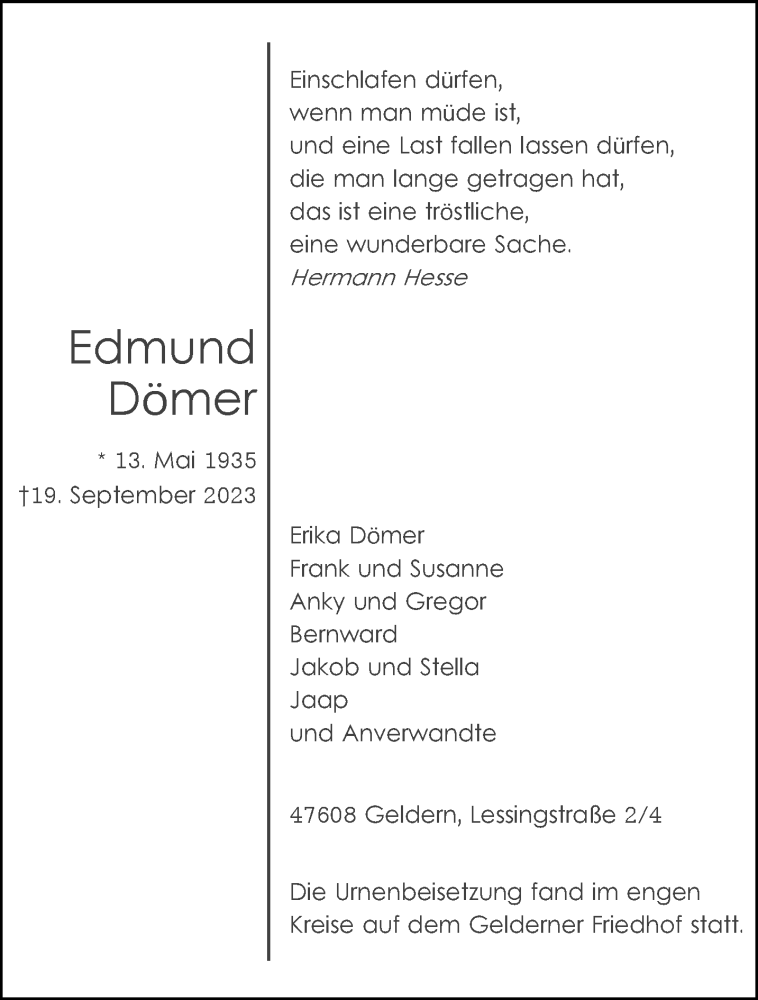  Traueranzeige für Edmund Dömer vom 14.10.2023 aus NNA