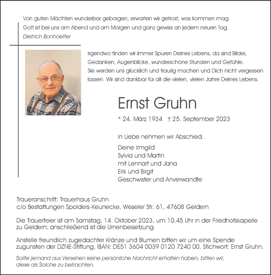 Traueranzeige von Ernst Gruhn von NNA