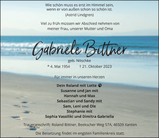 Traueranzeige von Gabriele Bittner von NNA