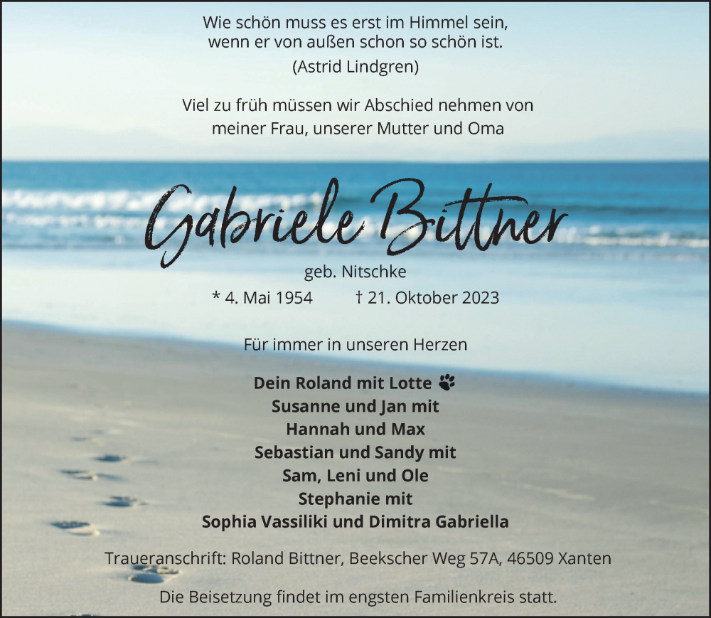 Traueranzeige für Gabriele Bittner vom 28.10.2023 aus NNA