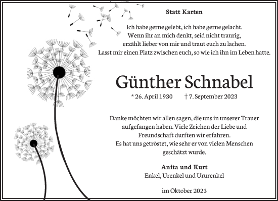 Traueranzeige von Günther Schnabel von NNA
