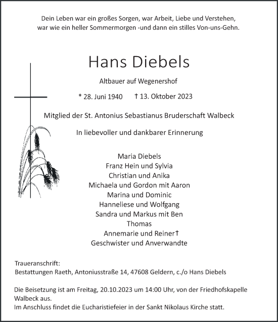 Traueranzeige von Hans Diebels von NNA