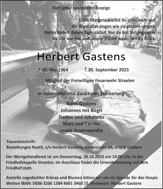 Traueranzeige von Herbert Gastens von NNA