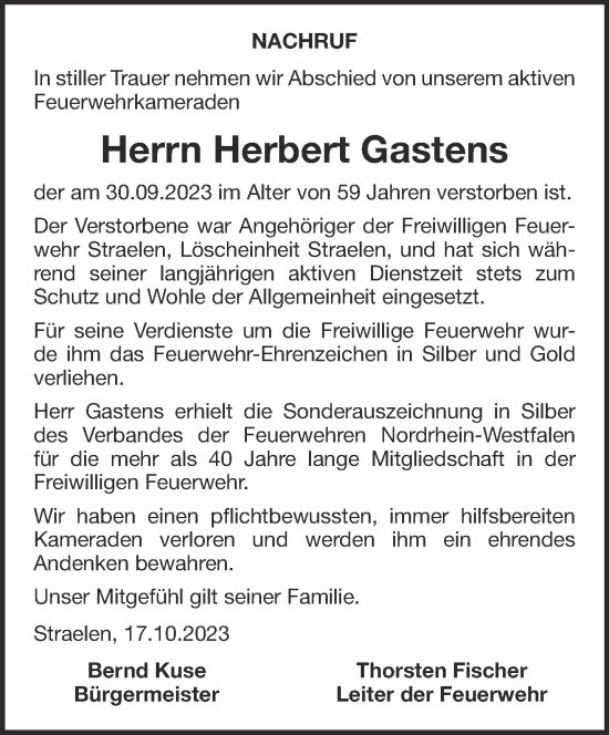 Traueranzeige von Herbert Gastens von NNA