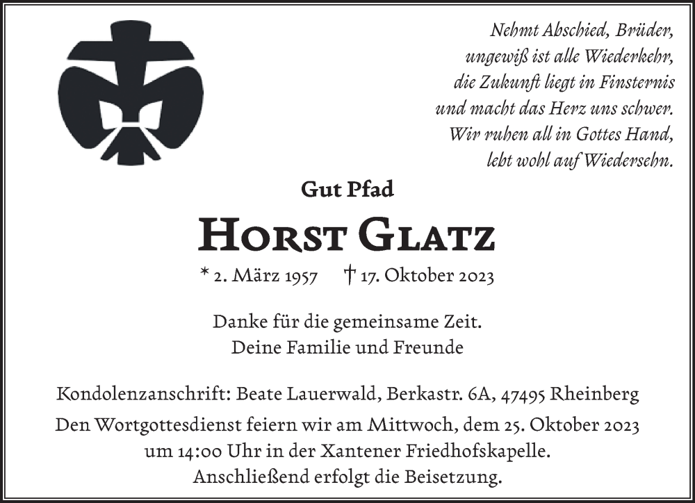  Traueranzeige für Horst Glatz vom 21.10.2023 aus NNA