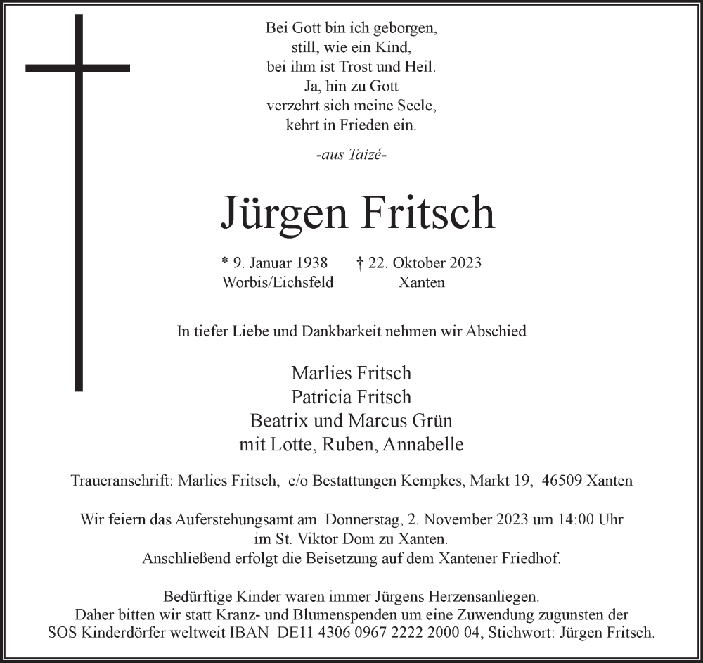  Traueranzeige für Jürgen Fritsch vom 28.10.2023 aus NNA