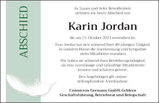 Traueranzeige von Karin Jordan von NNA