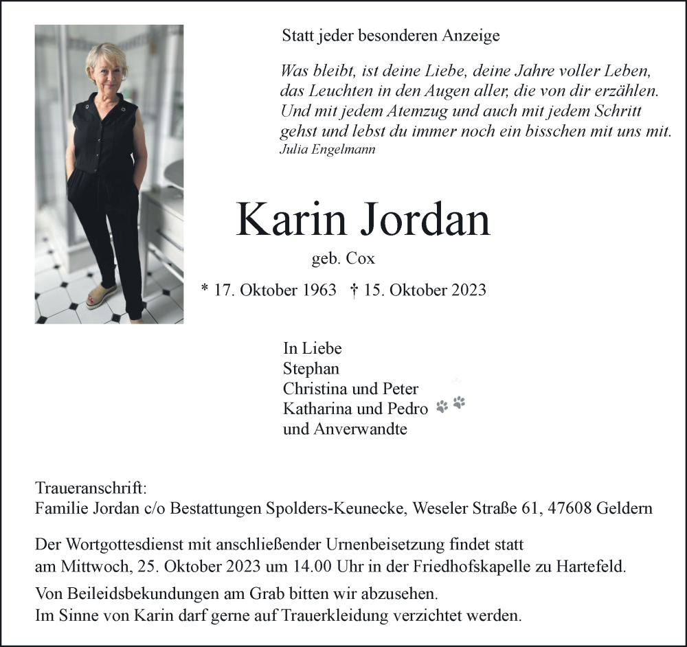  Traueranzeige für Karin Jordan vom 21.10.2023 aus NNA
