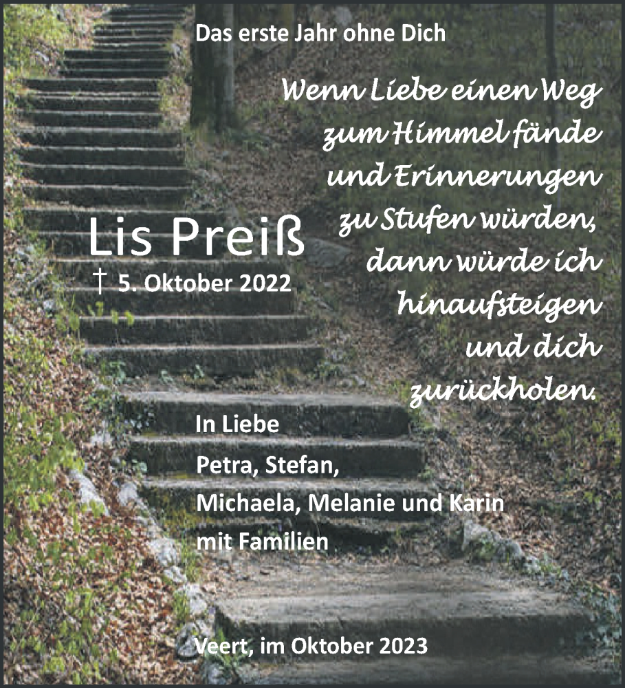  Traueranzeige für Lis Preiß vom 07.10.2023 aus NNA