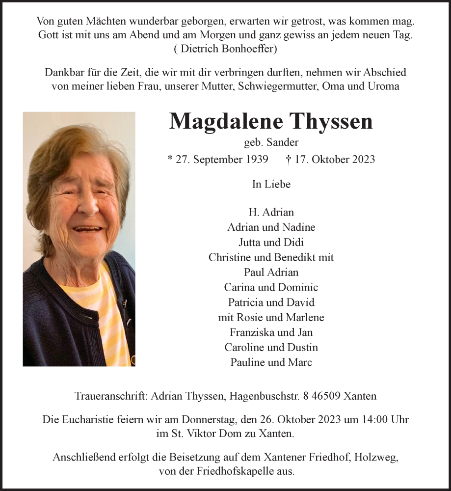  Traueranzeige für Magdalene Thyssen vom 21.10.2023 aus NNA