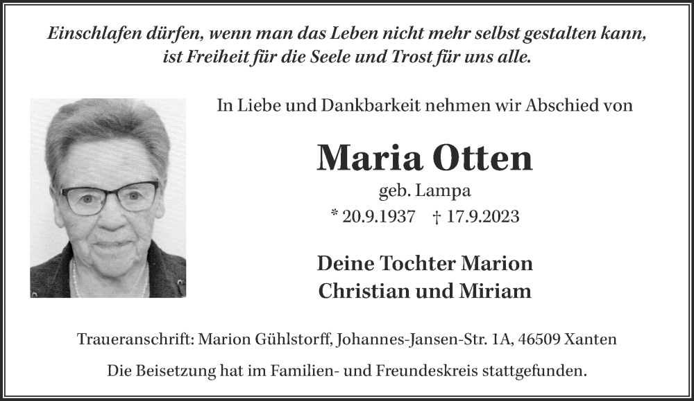  Traueranzeige für Maria Otten vom 07.10.2023 aus NNA