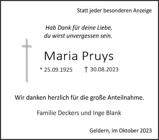 Traueranzeige von Maria Pruys von NNA