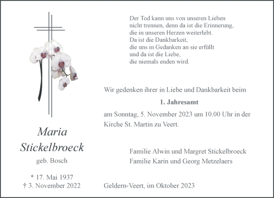 Traueranzeige von Maria Stickelbroeck von NNA
