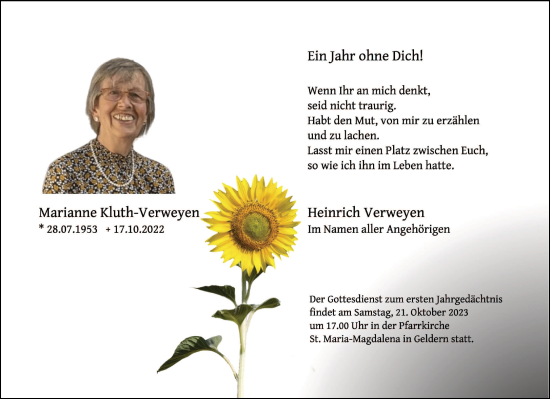 Traueranzeige von Marianne Kluth-Verweyen von NNA