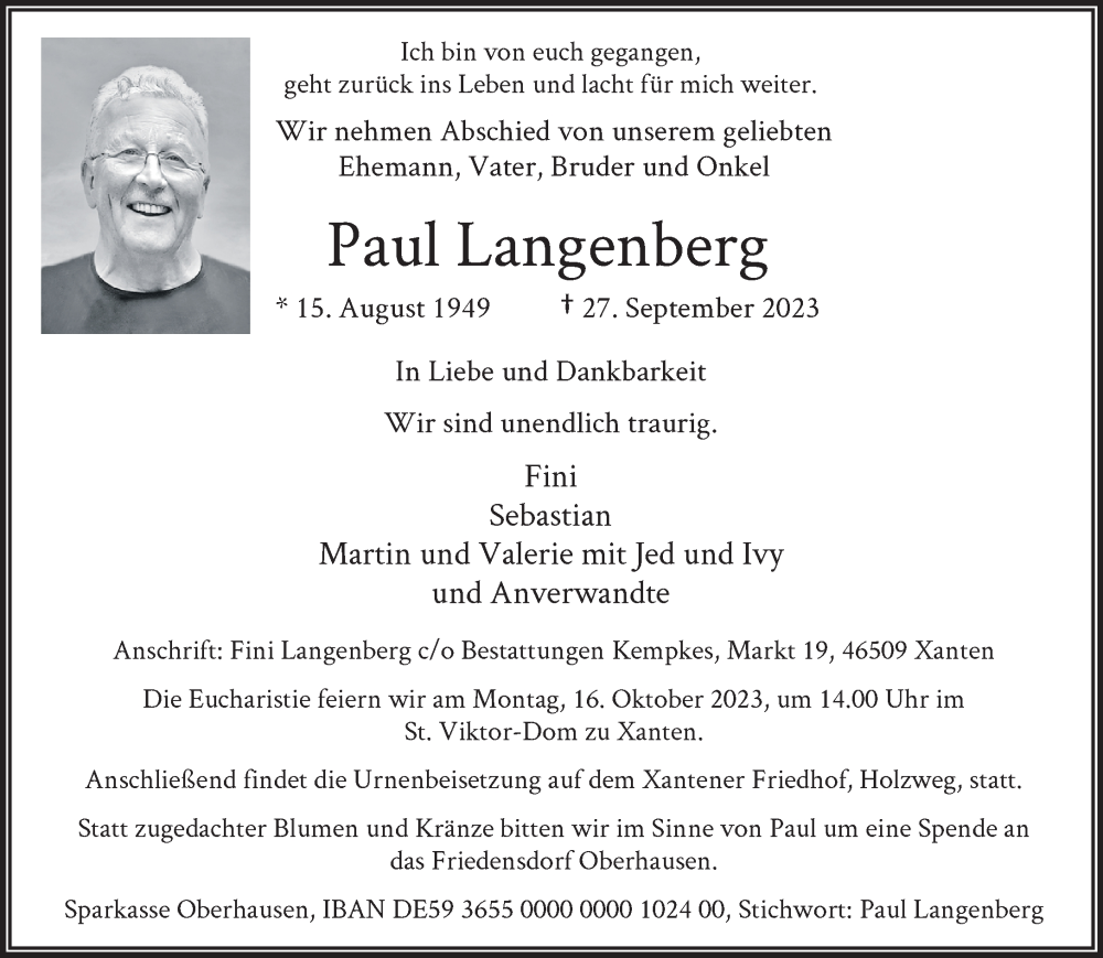  Traueranzeige für Paul Langenberg vom 07.10.2023 aus NNA