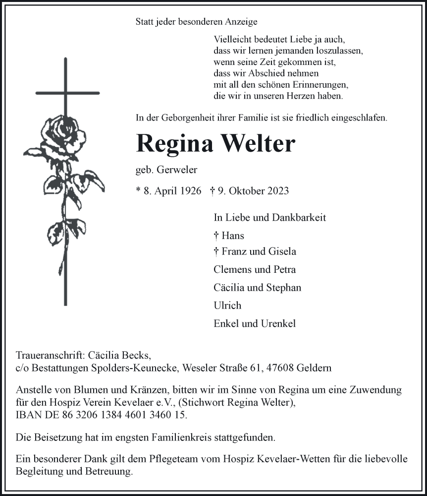  Traueranzeige für Regina Welter vom 14.10.2023 aus NNA