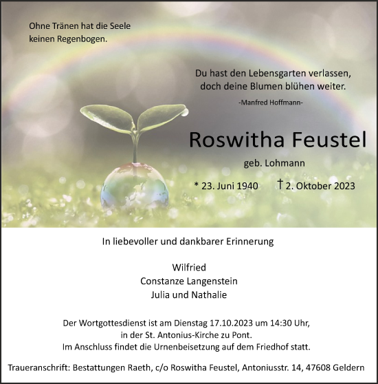 Traueranzeige von Roswitha Feustel von NNA
