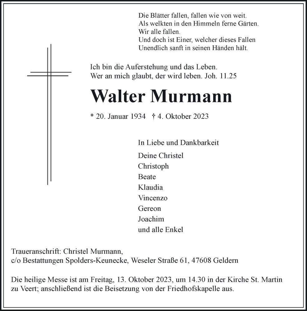  Traueranzeige für Walter Murmann vom 11.10.2023 aus NNA