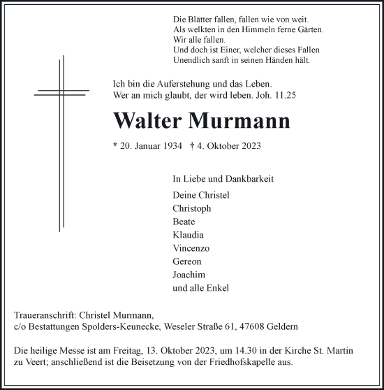 Traueranzeige von Walter Murmann von NNA