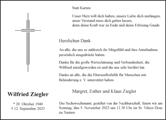 Traueranzeige von Wilfried Ziegler von NNA