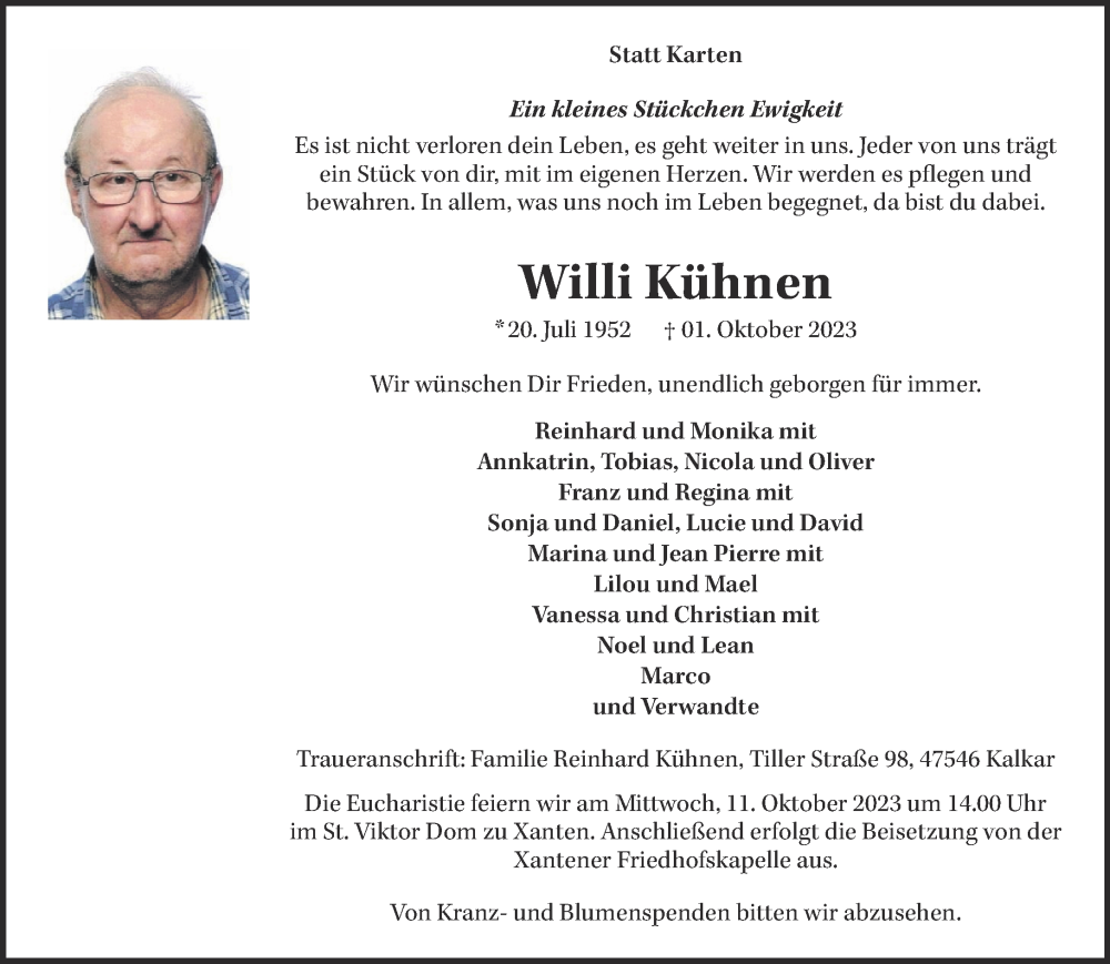  Traueranzeige für Willi Kühnen vom 07.10.2023 aus NNA