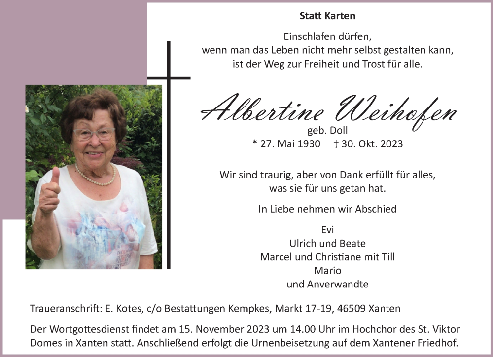  Traueranzeige für Albertine Weihofen vom 11.11.2023 aus NNA