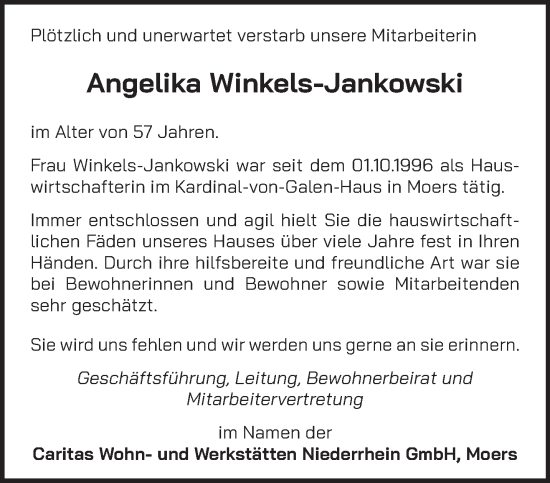 Traueranzeige von Angelika Winkels-Jankowski von NNA