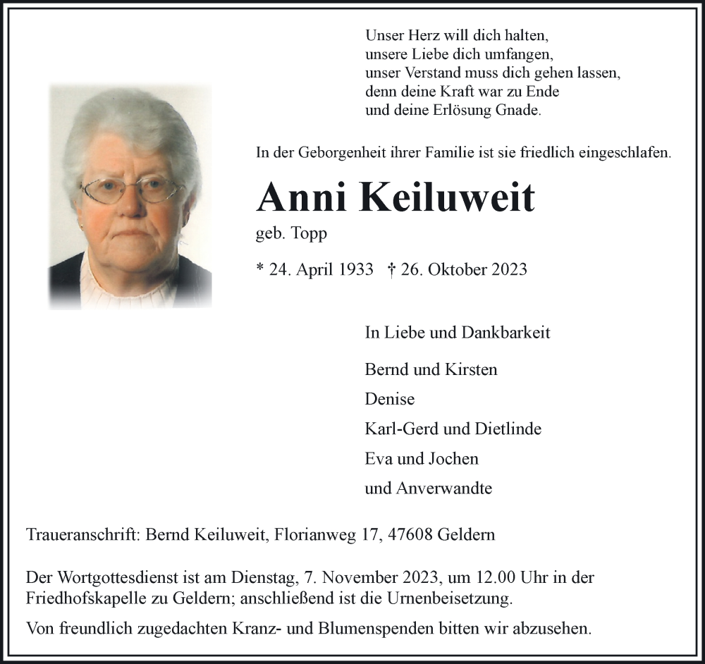  Traueranzeige für Anni Keiluweit vom 04.11.2023 aus NNA