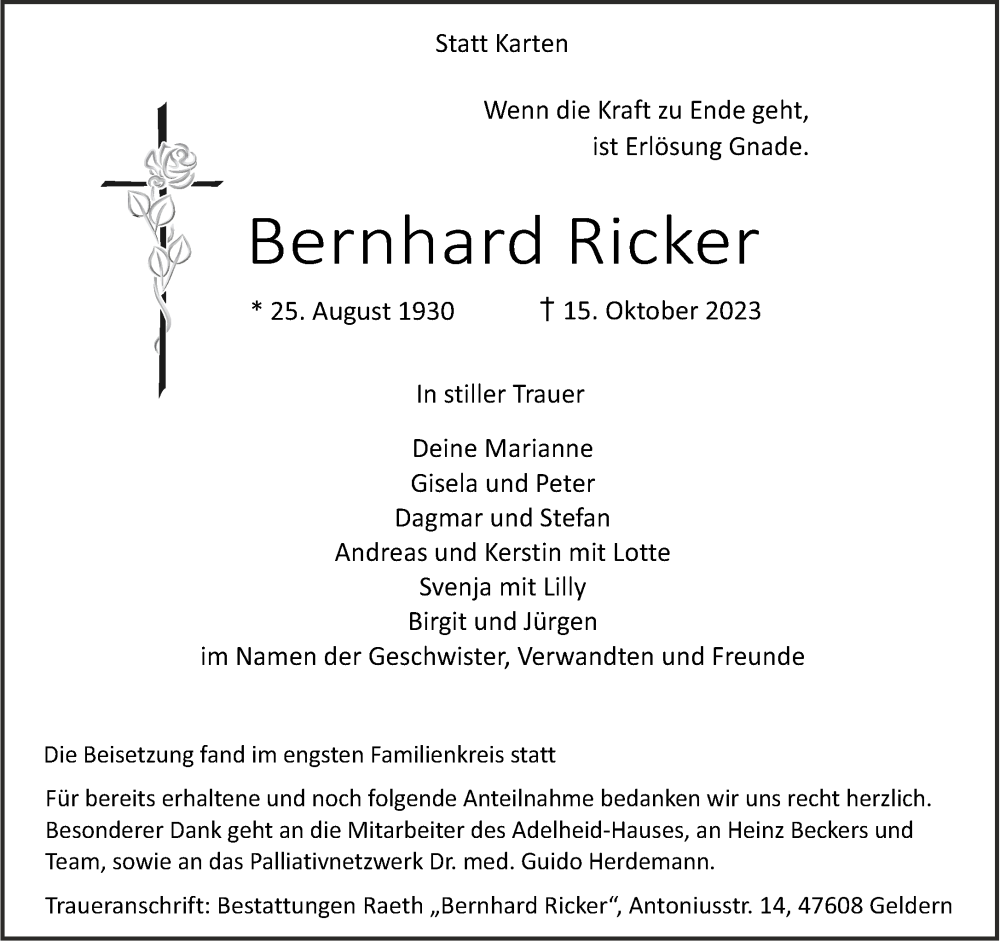  Traueranzeige für Bernhard Ricker vom 11.11.2023 aus NNA
