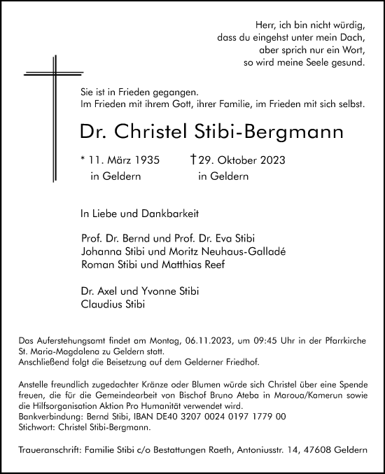 Traueranzeige von Christel Stibi-Bergmann von NNA