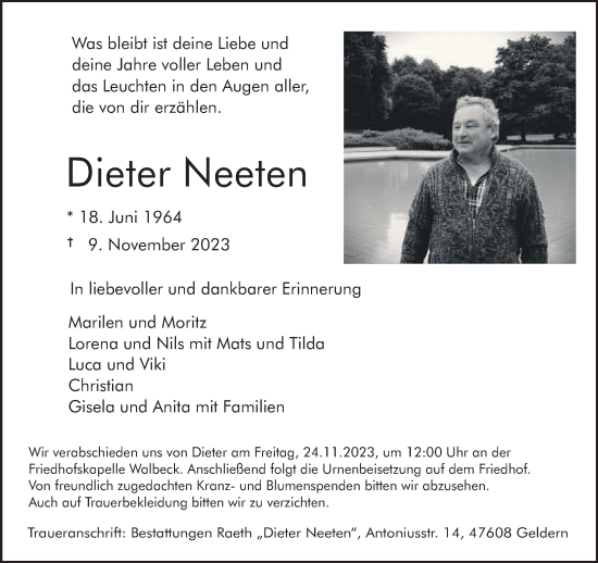 Traueranzeige von Dieter Neeten von NNA