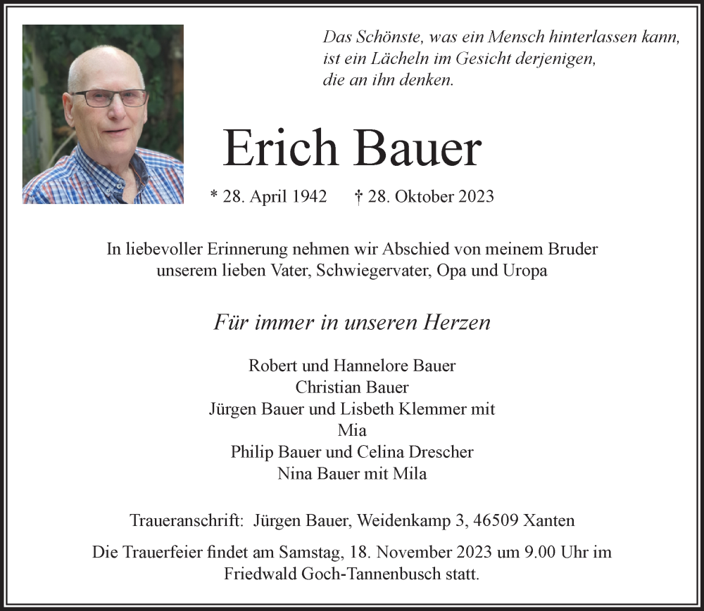  Traueranzeige für Erich Bauer vom 04.11.2023 aus NNA