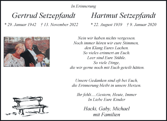 Traueranzeige von Gertrud und Hartmut Setzepfandt von NNA