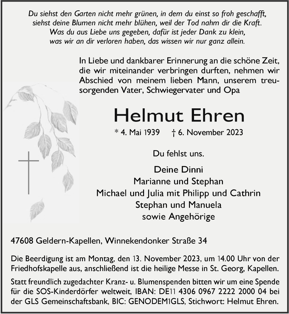  Traueranzeige für Helmut Ehren vom 11.11.2023 aus NNA