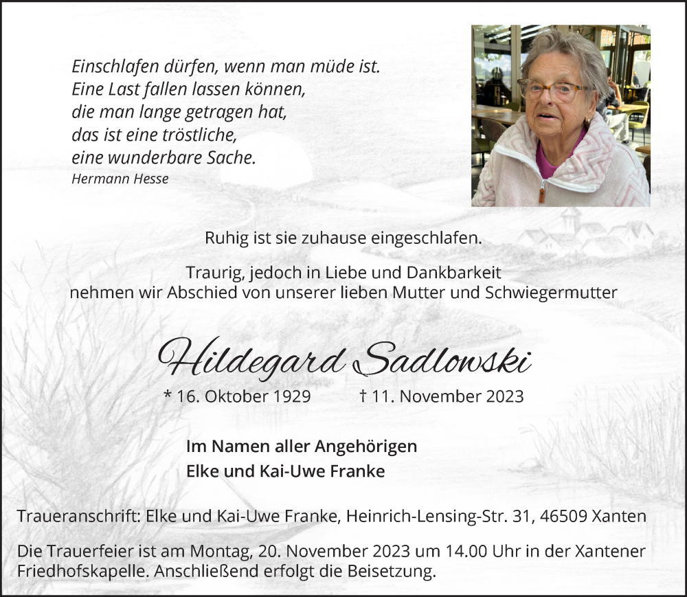 Traueranzeige für Hildegard Sadlowski vom 18.11.2023 aus NNA