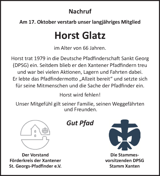 Traueranzeige von Horst Glatz von NNA