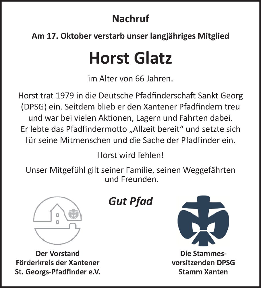  Traueranzeige für Horst Glatz vom 04.11.2023 aus NNA