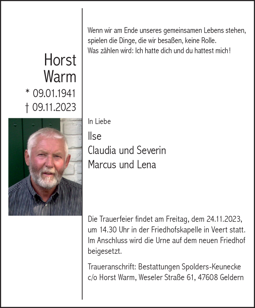  Traueranzeige für Horst Warm vom 18.11.2023 aus NNA