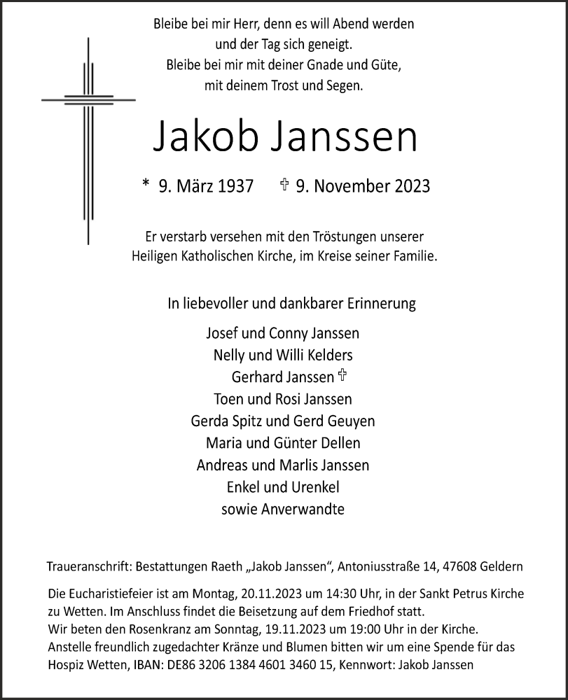  Traueranzeige für Jakob Janssen vom 15.11.2023 aus NNA
