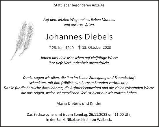 Traueranzeige von Johannes Diebels von NNA
