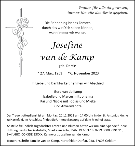 Traueranzeige von Josefine van de Kamp von NNA