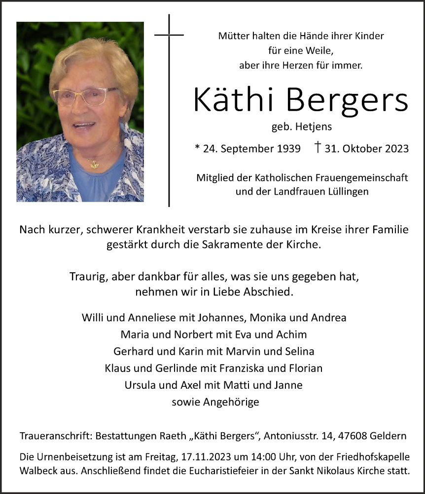  Traueranzeige für Käthi Bergers vom 11.11.2023 aus NNA