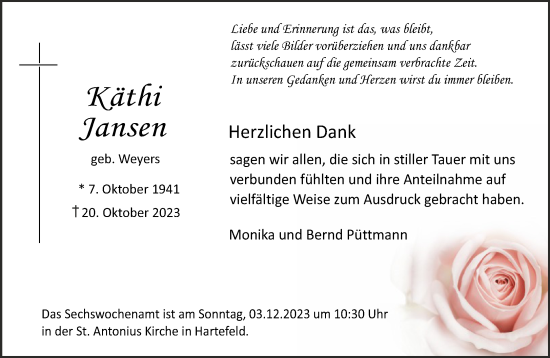 Traueranzeige von Käthi Jansen von NNA