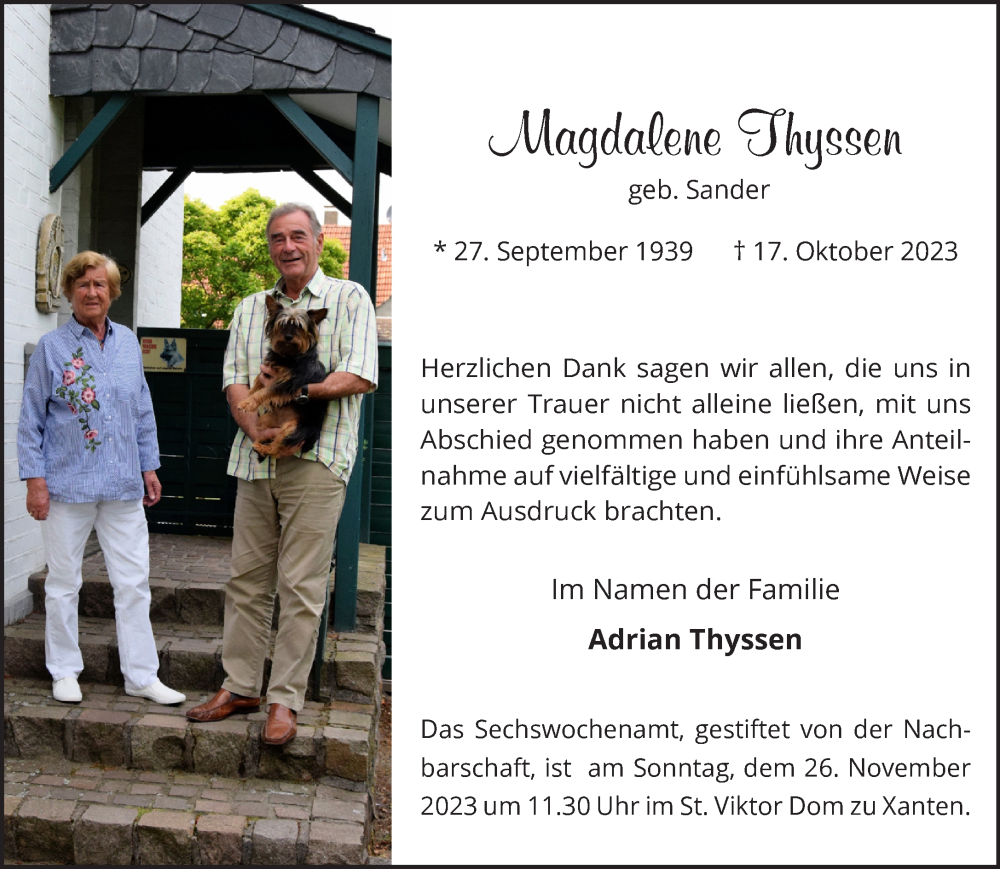  Traueranzeige für Magdalene Thyssen vom 18.11.2023 aus NNA