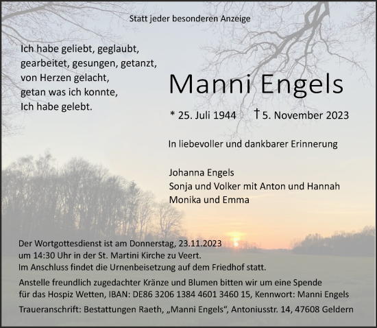 Traueranzeige von Manni Engels von NNA