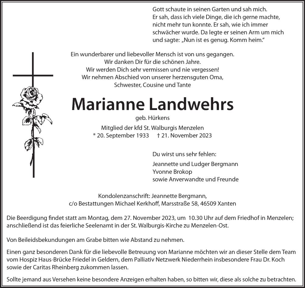  Traueranzeige für Marianne Landwehrs vom 25.11.2023 aus NNA
