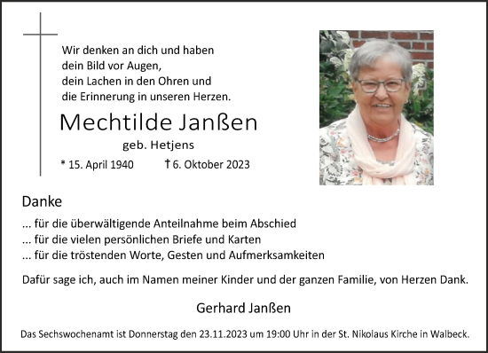 Traueranzeige von Mechtilde Janßen von NNA