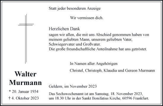 Traueranzeige von Walter Murmann von NNA