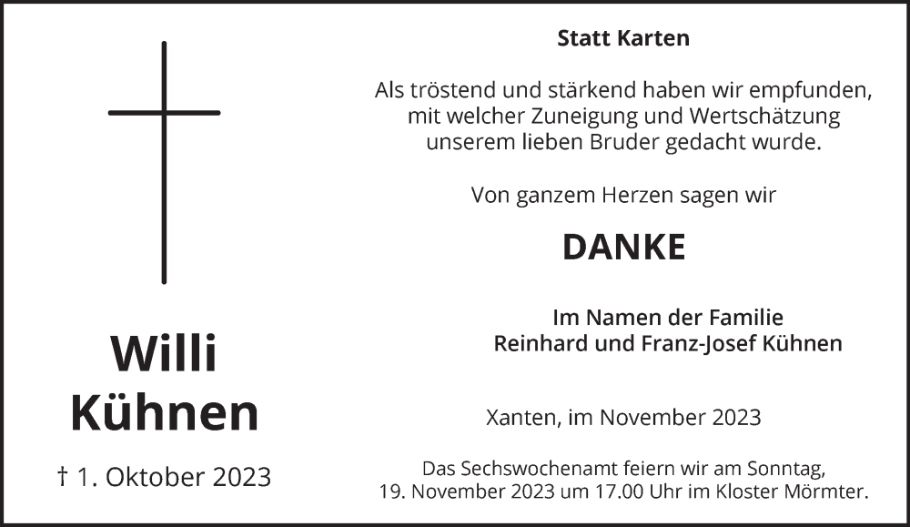  Traueranzeige für Willi Kühnen vom 11.11.2023 aus NNA